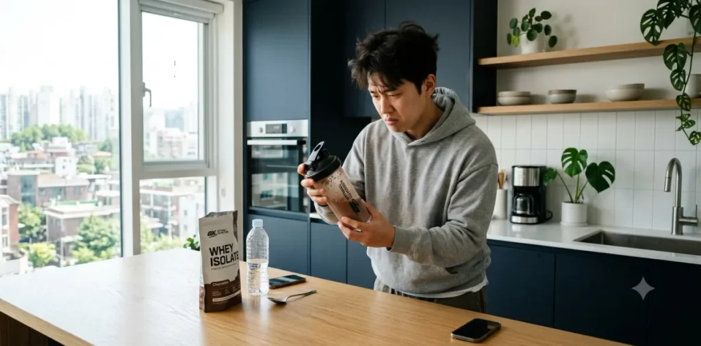 식탁에 서서 보충제 통을 보며 코르티솔 근육 분해 현상을 고민하는 남성