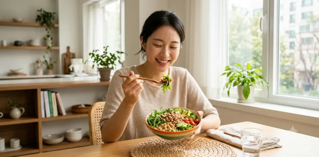 안전한 당질 제한식 부작용 예방 차원에서 건강한 통곡물과 초록색 샐러드를 먹는 모습