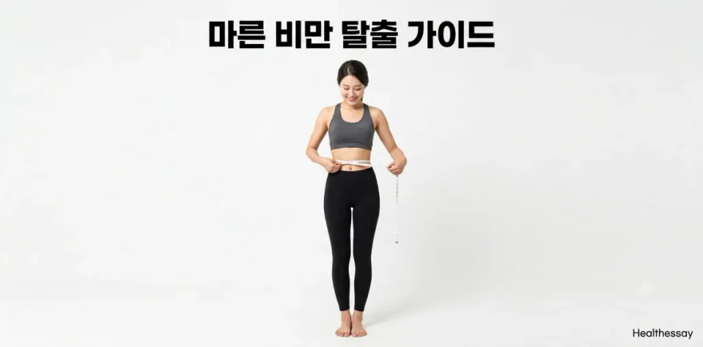 마른 비만 원인을 파악하고자 줄자로 자신의 허리 둘레를 재보는 여성