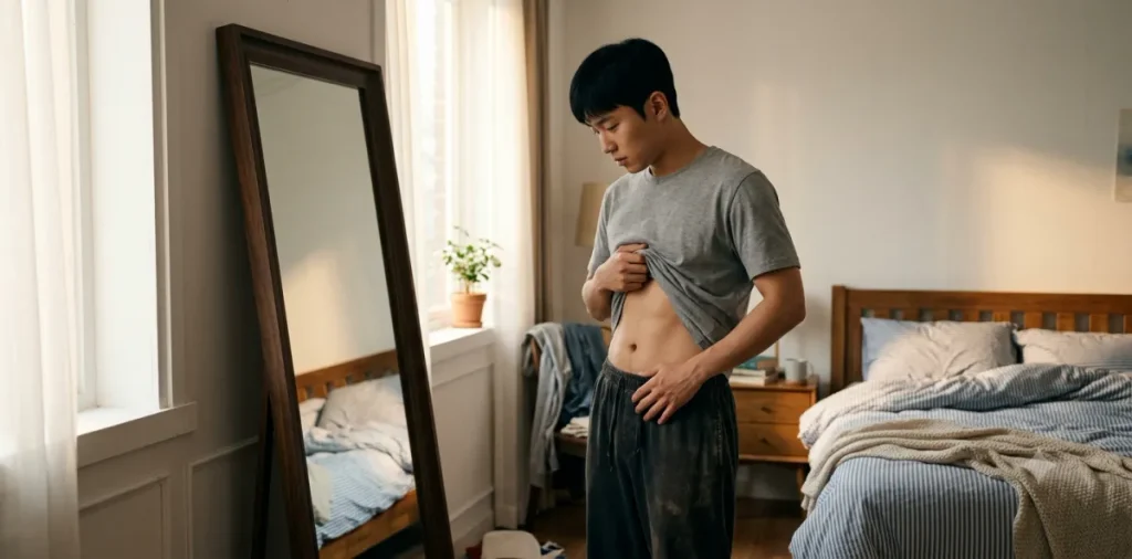 근감소형 비만 체형의 남성이 상의를 올리고 거울 속 뱃살을 확인하는 모습