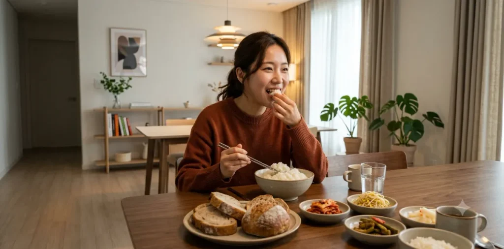 뱃살 안 빠지는 이유 중 하나인 탄수화물 위주 식사를 맛있게 즐기는 여성