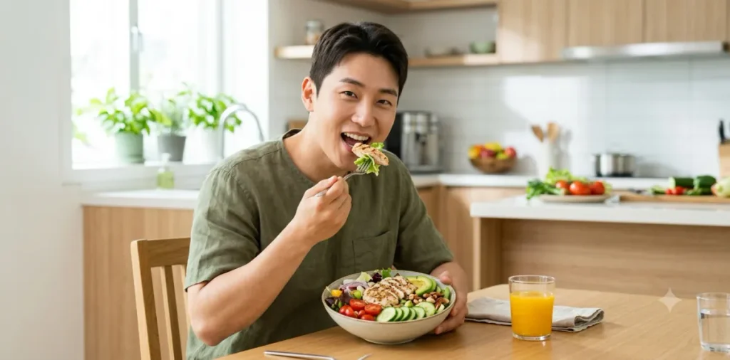 마른 비만 식단 개선을 위해 채소 샐러드와 닭가슴살을 챙겨 먹는 남성 모습