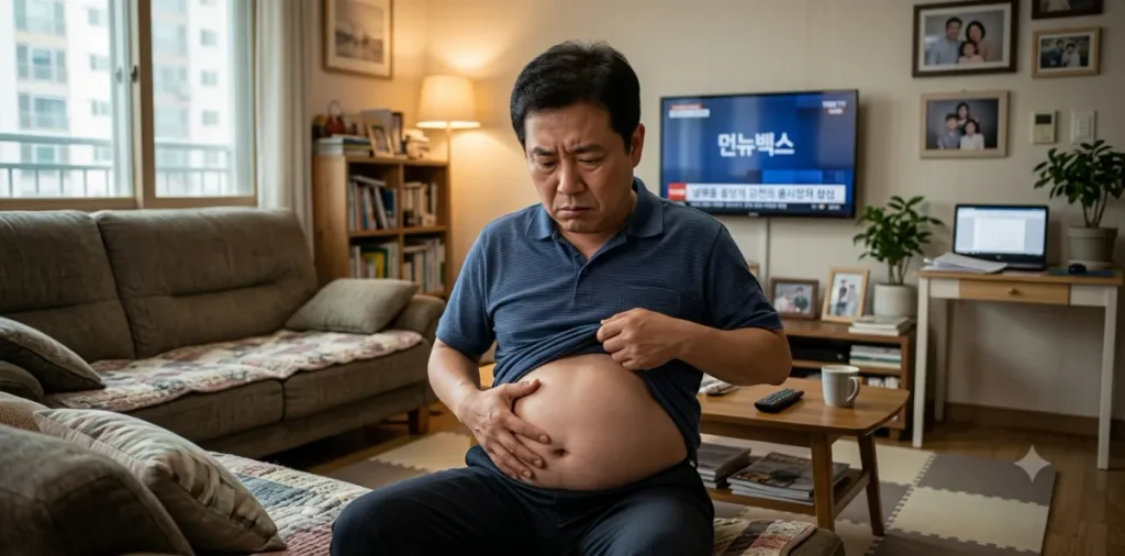 마른 비만 자가진단: 인바디 C자형 체형 줄자로 측정하는 방법 6 거미형 체형 뱃살 원인 문제를 실감하며 볼록하게 나온 배를 만지는 모습