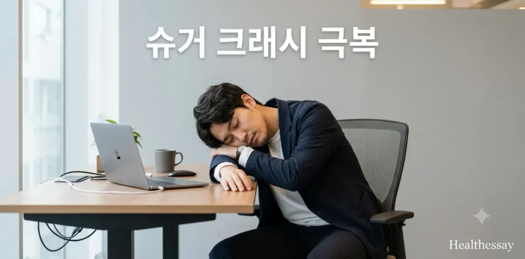 점심 식사를 마친 후 나타난 슈거 크래시 증상 때문에 책상에 엎드린 모습