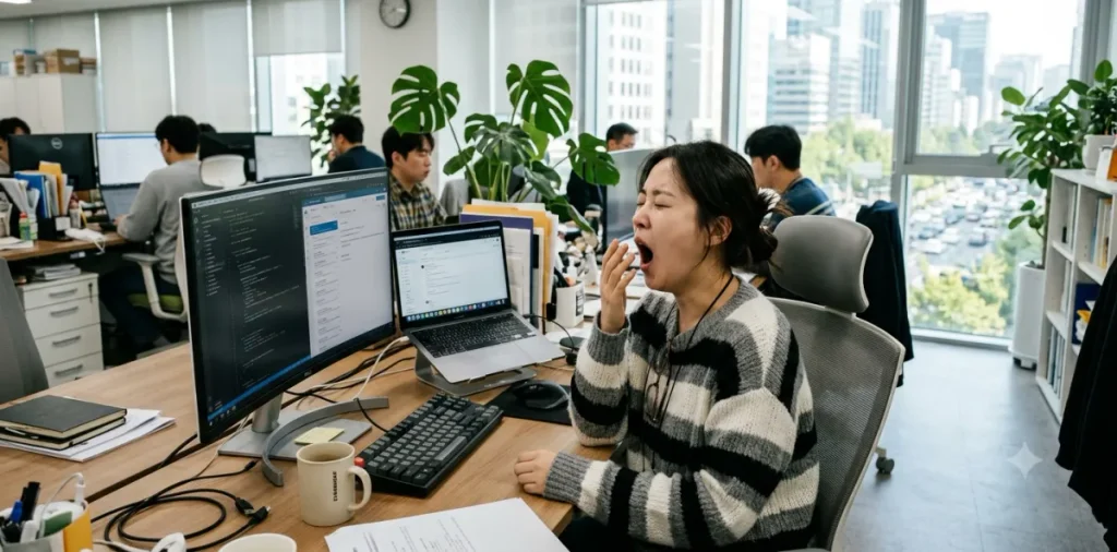 점심을 먹고 난 뒤 찾아오는 밥먹고 미친듯한 졸음 탓에 크게 하품하는 모습