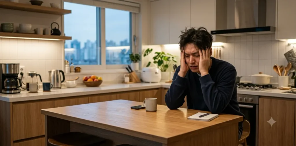 오후 시간이 되자 급격한 탄수화물 중독 피로 현상을 느끼며 머리를 짚은 모습