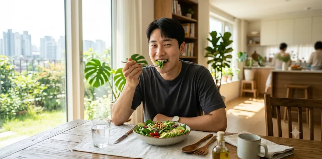 뱃살을 찌우는 마른 비만 식탐 문제를 해결하기 위해 채소 샐러드를 섭취하는 모습